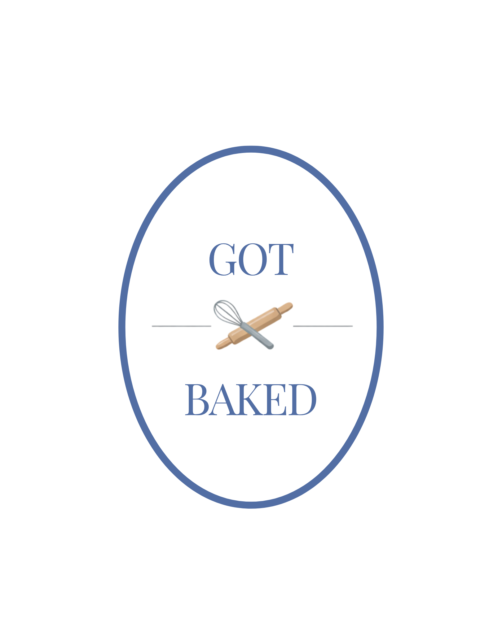 Close-up of a label reading "GOT BAKED" with a whisk and rolling pin graphic.