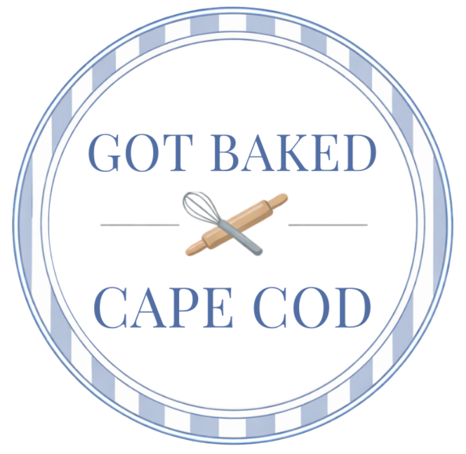 A circular logo with a blue and white striped border, featuring the text "GOT BAKED CAPE COD" and an illustration of a rolling pin and whisk in the center.