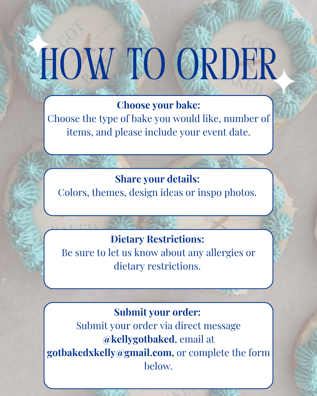 A guiding order instructions overlay on background of decorated cookies with blue and white frosting, including sections for choosing bake details, sharing details, dietary restrictions, and submitting an order.