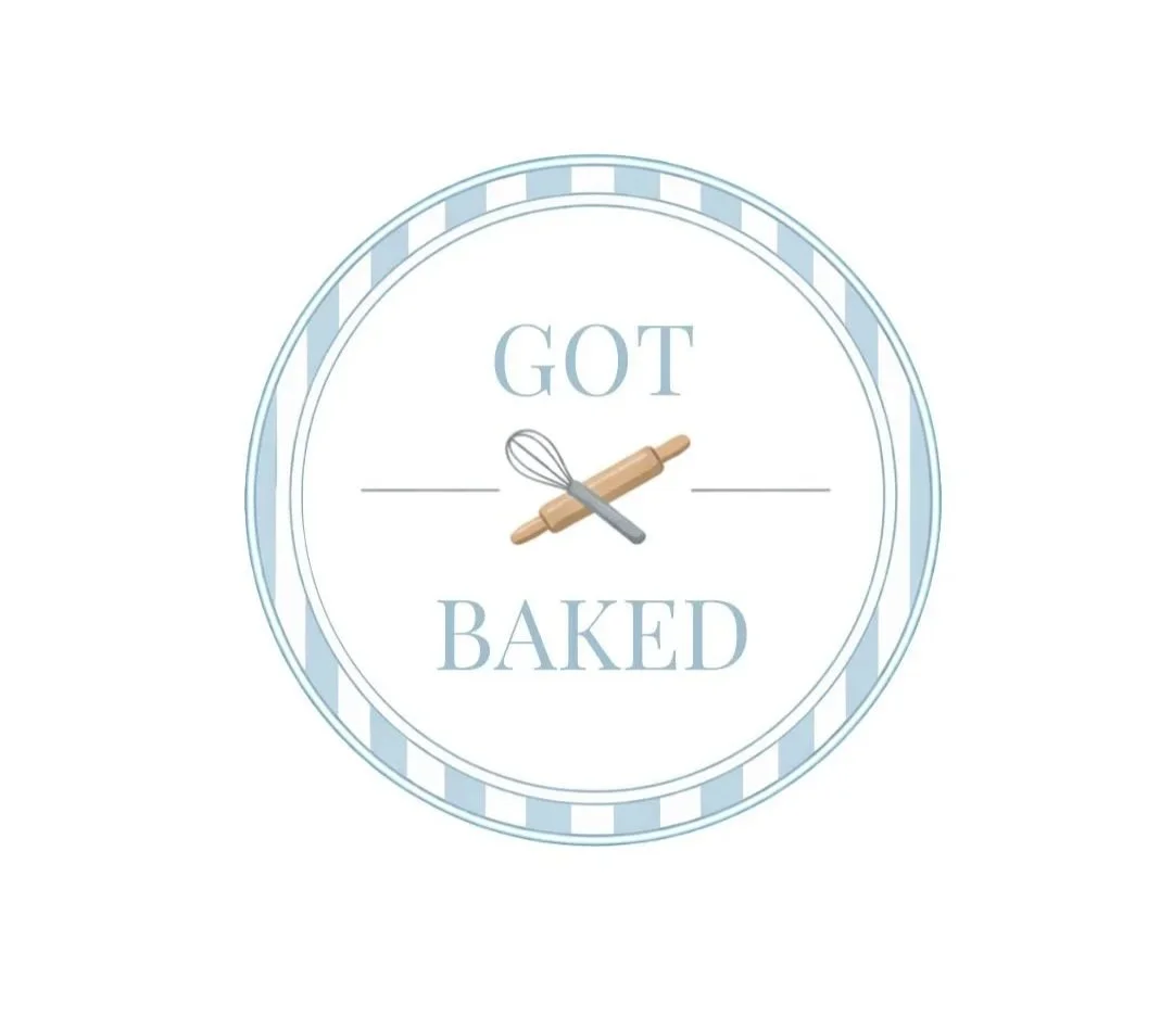 Circular clock design with a whisk and rolling pin in the center, and the phrase "GOT BAKED" around it, in a light blue color scheme.