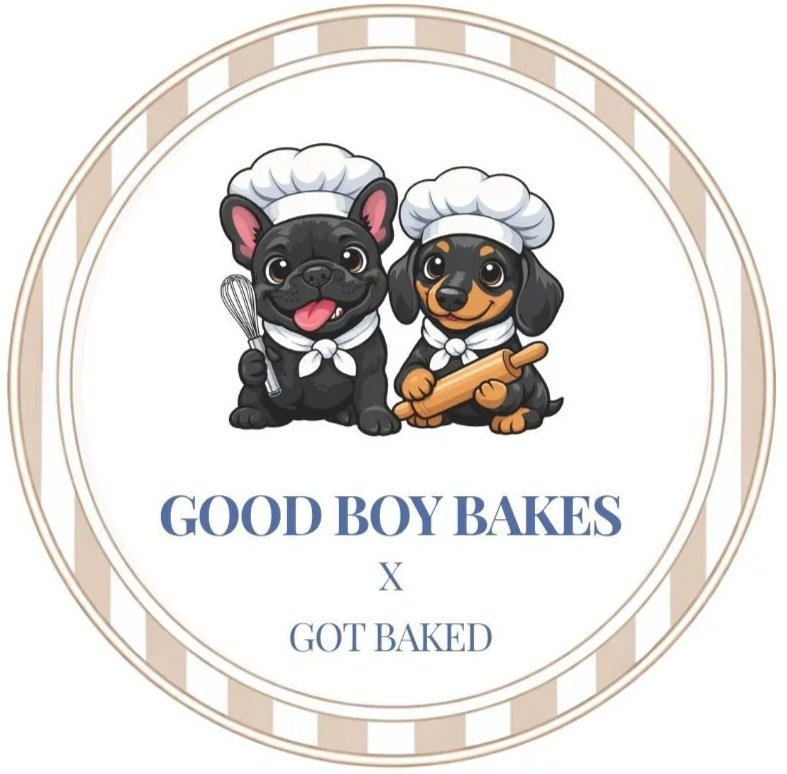 Cute cartoon of two dogs dressed as bakers, one black French Bulldog and one black and tan Dachshund, wearing chef hats and aprons, holding a whisk and rolling pin, with text 'Good Boy Bakes x Got Baked' around them.