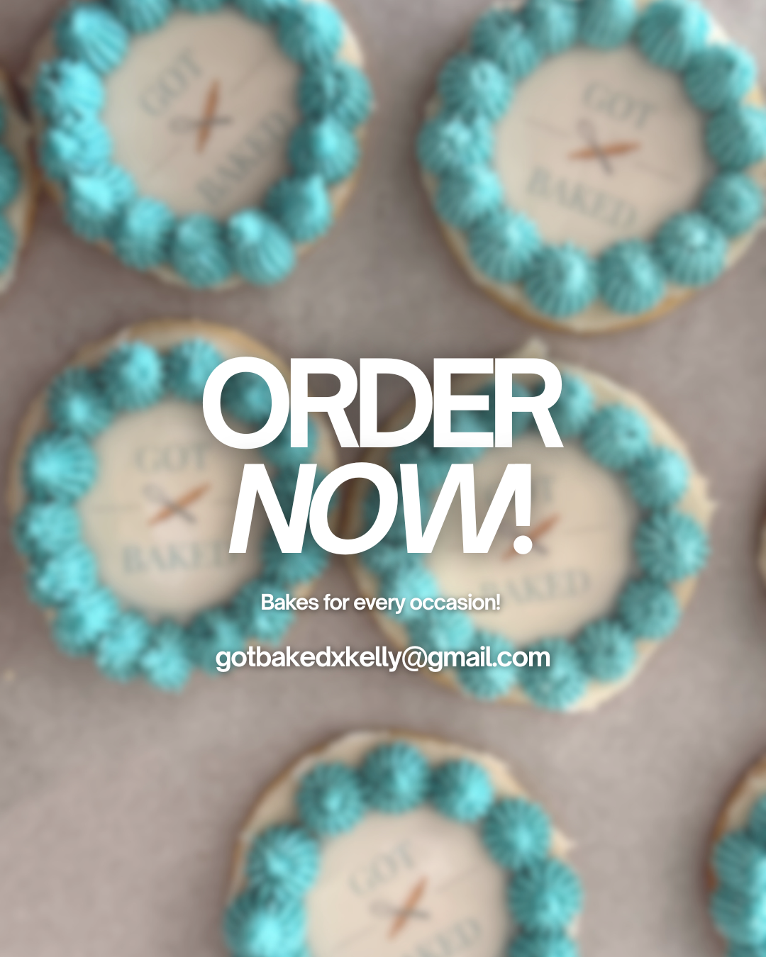 Cookies decorated with blue frosting border and a message in the center, with some text and crossed utensils.