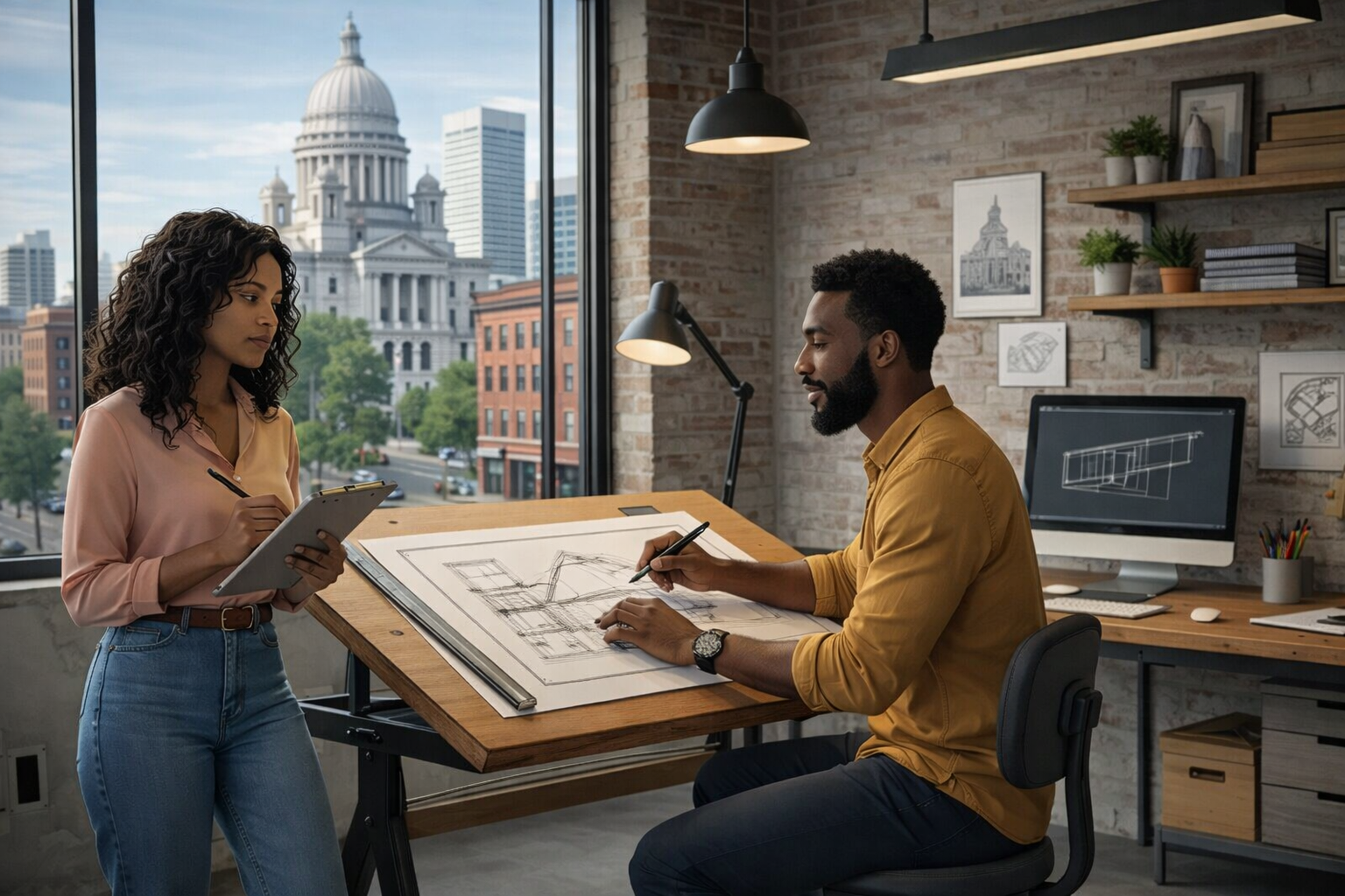 Two architects working on blueprints in a modern office with a city view, one standing with a tablet and the other sitting at a drafting table.