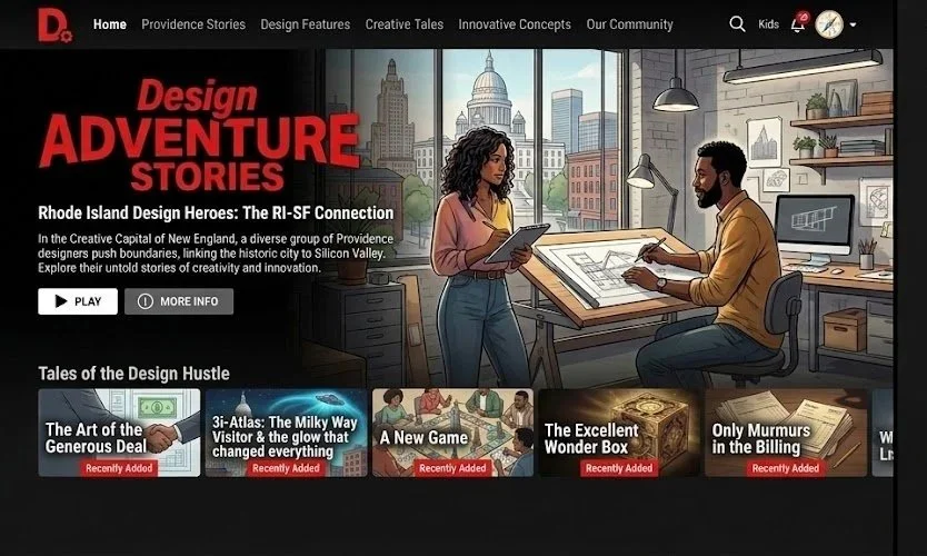 Webpage featuring a design-themed website with the headline 'Design Adventure Stories.' An illustration of two diverse designers in a modern office with cityscape view, one woman holding a tablet and one man pointing to a blueprint. Navigation menu at the top, sections for stories and recent additions.