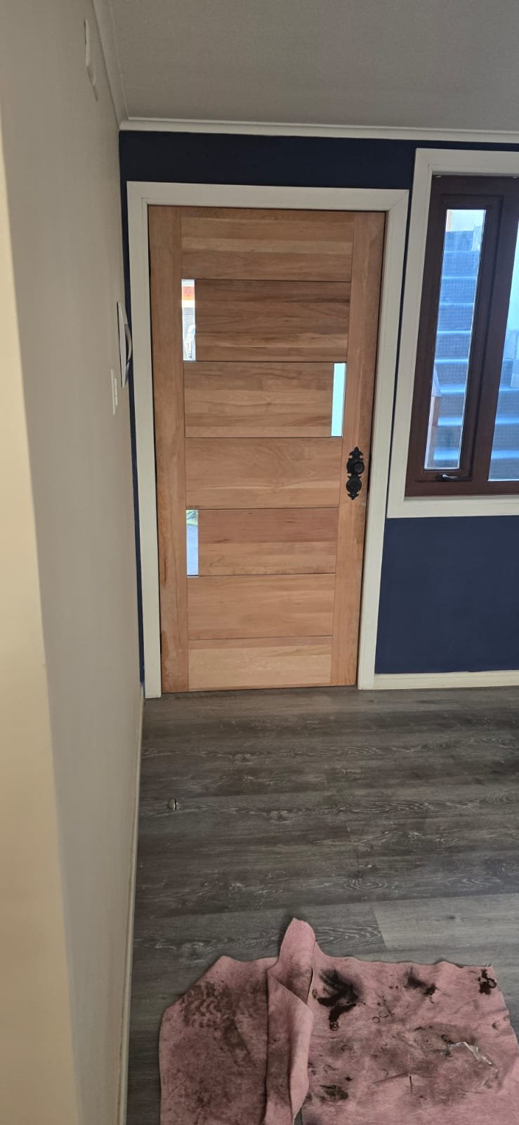 Puerta de madera natural con ventanas pequeñas, a la derecha una ventana con vista a una escalera exterior, en el suelo una alfombra rosa manchada con suciedad, paredes blancas y una pared azul fondo con moldura blanca.