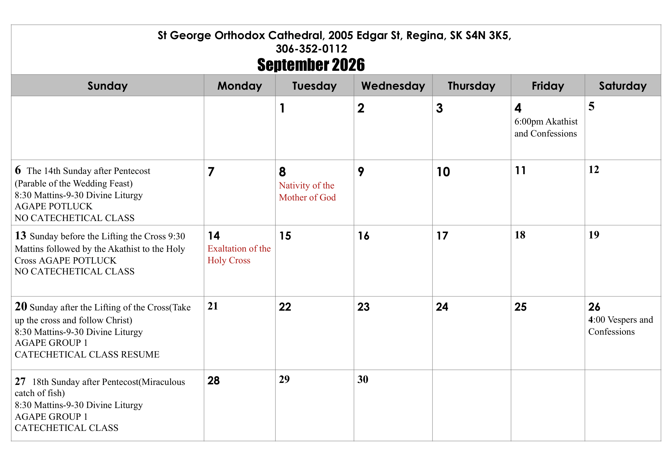 A detailed church or cathedral event calendar for September 2026, listing dates, specific religious events, and associated activities at St. George Orthodox Cathedral in Regina, Saskatchewan.