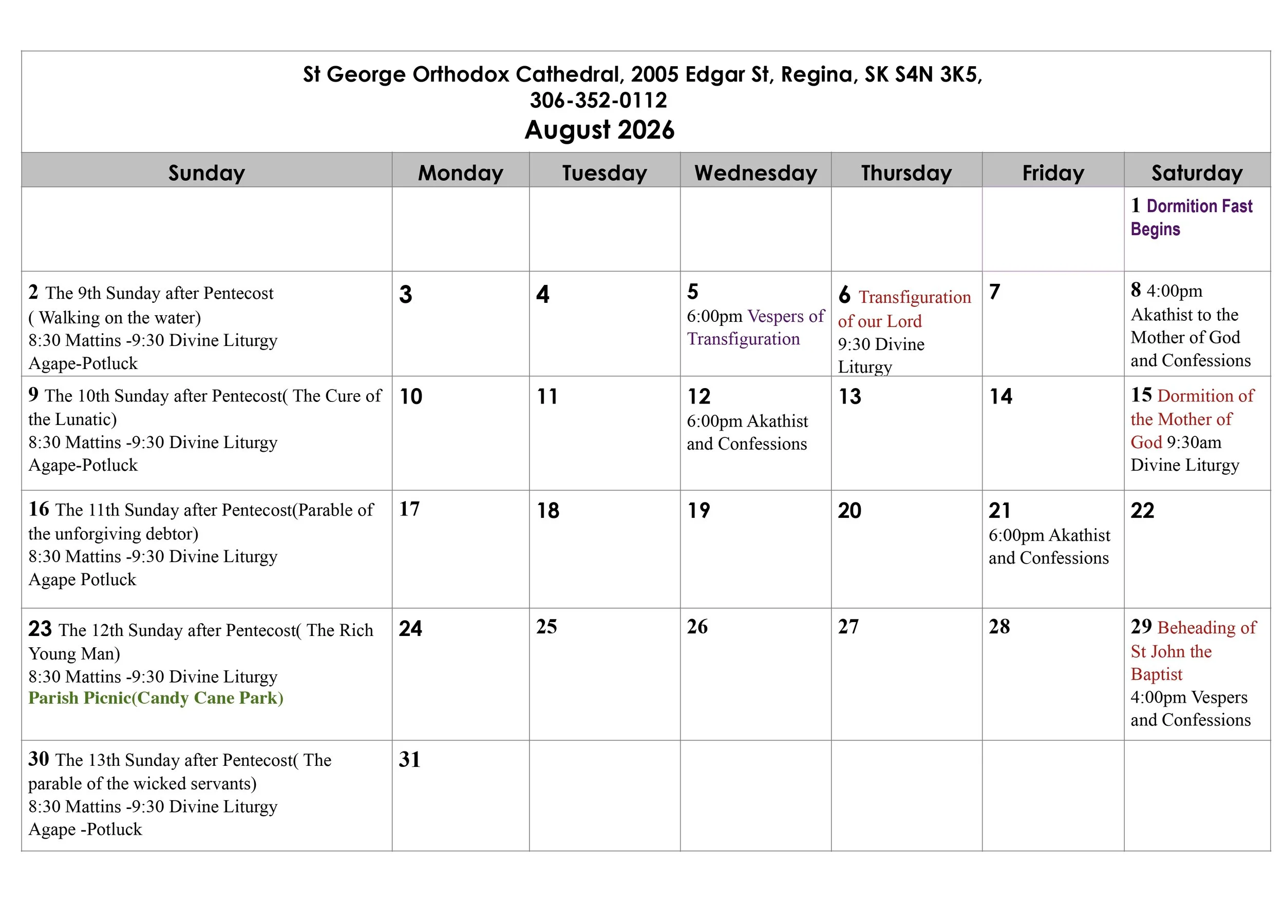 A detailed schedule chart for St. George Orthodox Cathedral in Regina, SK, August 2026, listing daily religious services and events such as Divine Liturgies, vespers, and special feast days, with dates and times for each event.