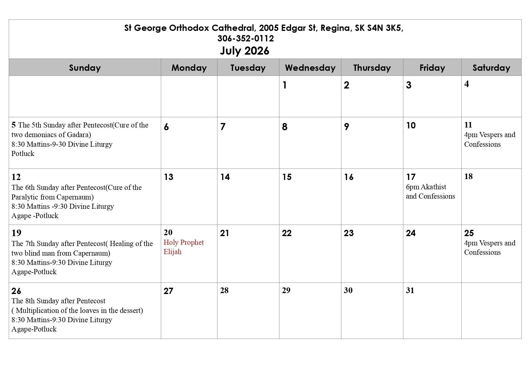 July 2026 schedule for Saint George Orthodox Cathedral, featuring weekly religious services and events, including divine liturgies, vespers, confessions, and a special mention of Holy Prophet Elijah on July 20.