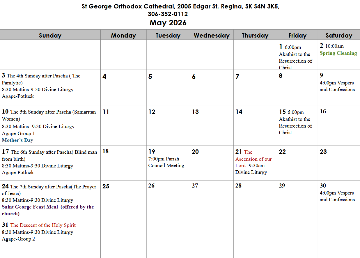 A church schedule for May 2026 at St. George Orthodox Cathedral, listing weekly services and events such as Divine Liturgies, Pascha celebrations, and a council meeting.