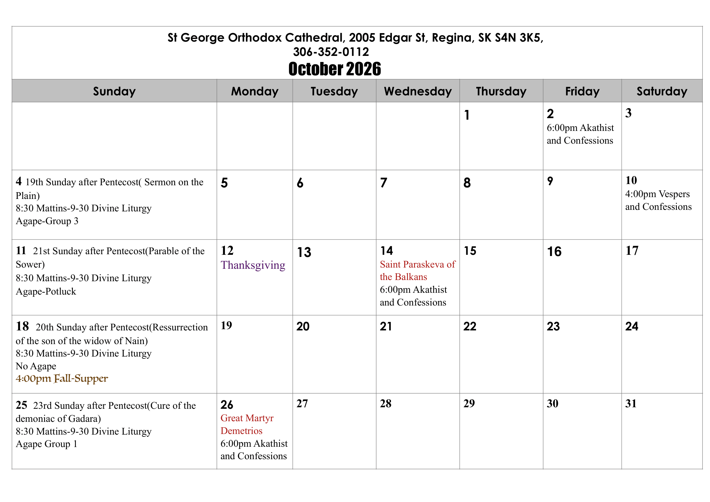 Schedule for St George Orthodox Cathedral in Regina, SK for October 2026, listing religious services and events on specific dates.