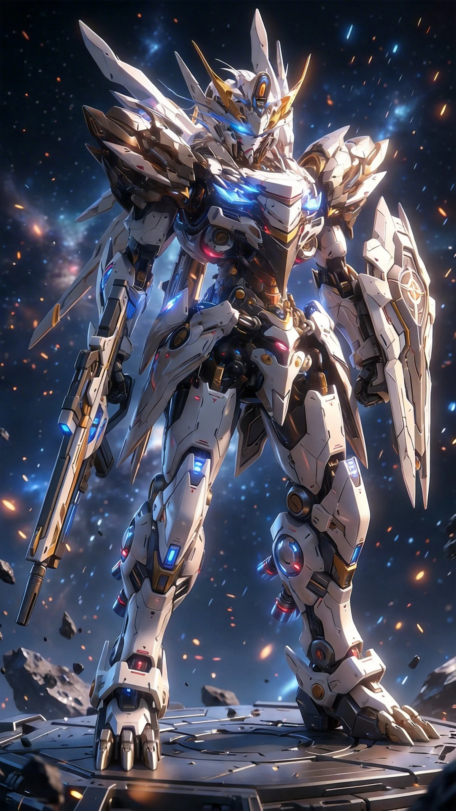 A futuristic, highly detailed humanoid robot or mech with armor and weaponry, standing in space with stars and debris in the background.