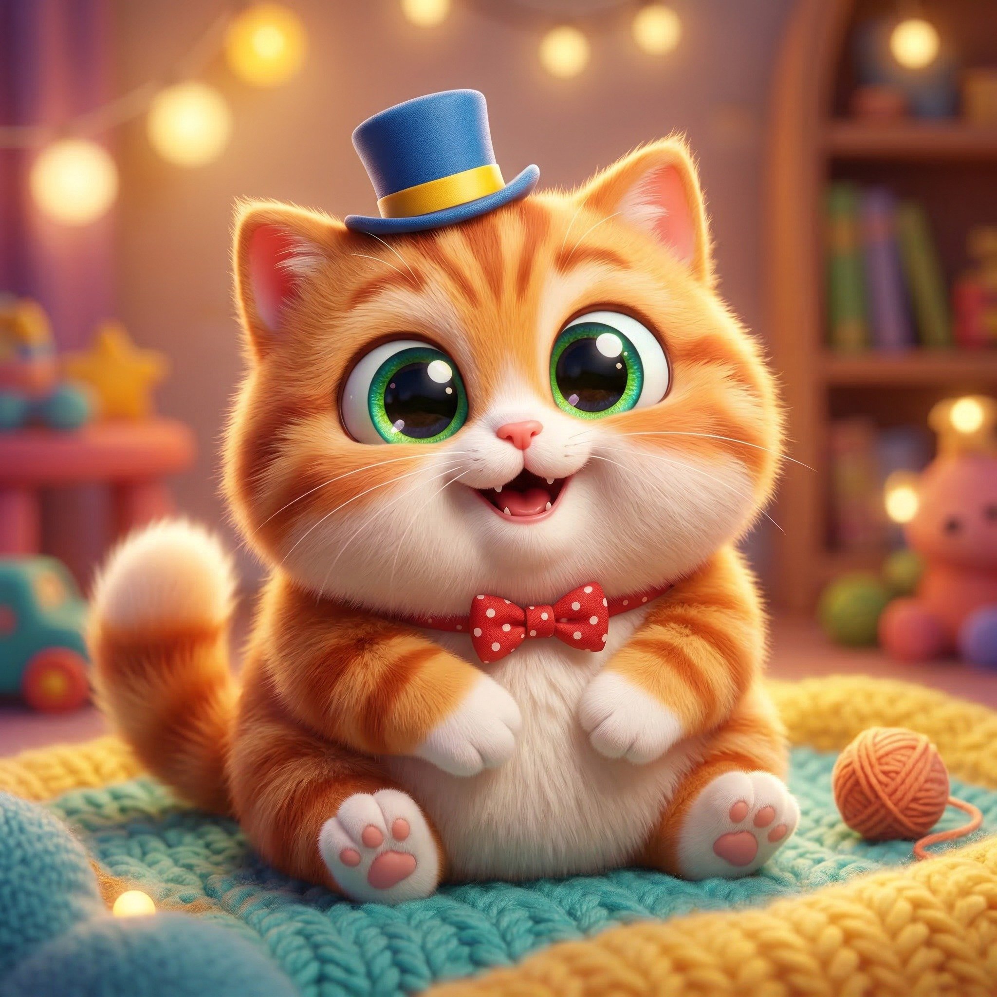 An animated orange tabby kitten with big green eyes, wearing a blue top hat and red polka dot bow tie, sitting on a colorful knitted blanket, surrounded by yarn balls, in a cozy, warmly lit room.