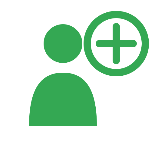 Green user icon with a plus sign inside a circle, indicating adding or creating a new user.