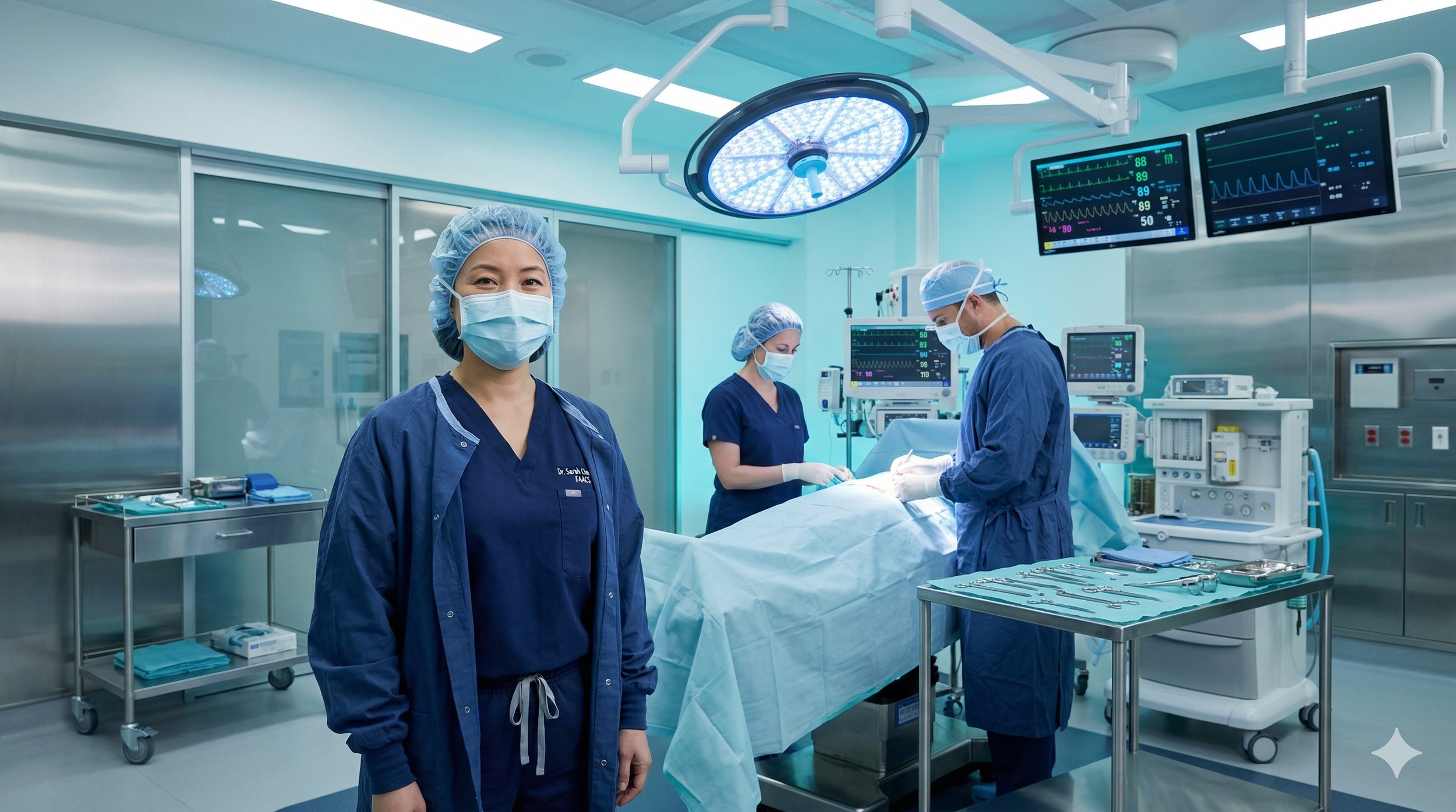 Medical team in an operating room preparing for surgery, with monitors displaying vital signs and surgical instruments on a tray.