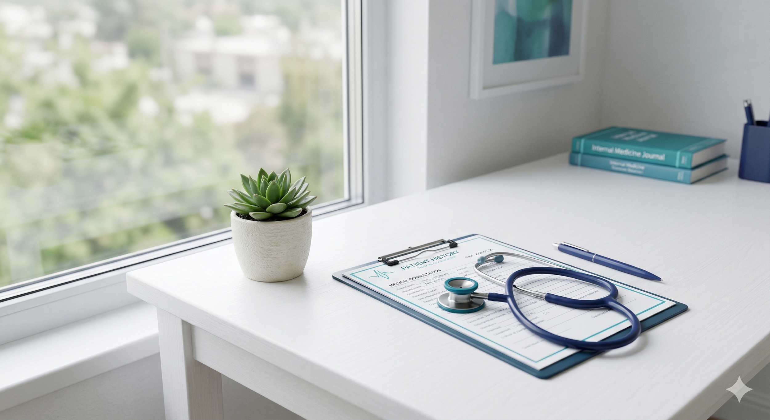A medical consultation setup on a white desk next to a window. It features a doctor’s clipboard with a patient history form, a stethoscope, and a pen. There is a small potted succulent plant and a stack of medical books titled "Internal Medicine Journal" on the desk. A blue pen holder with pens and a framed artwork on the white wall are also visible.