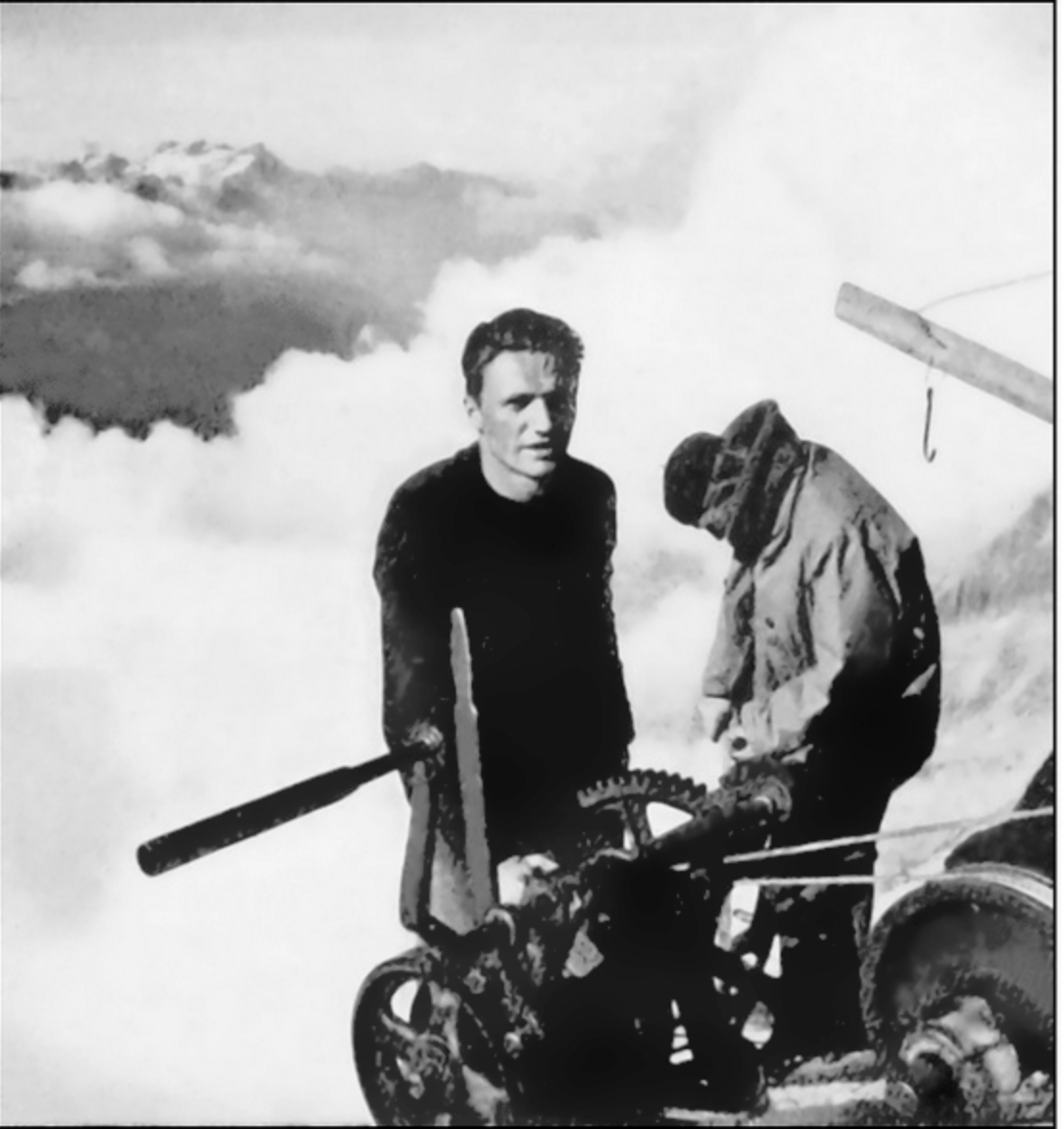 Émile Allais working on the Aiguille du Midi cable car in 1940
