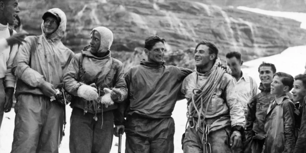 Andreas Heckmair in the centre after climbing the North Face of the Eiger in 1938