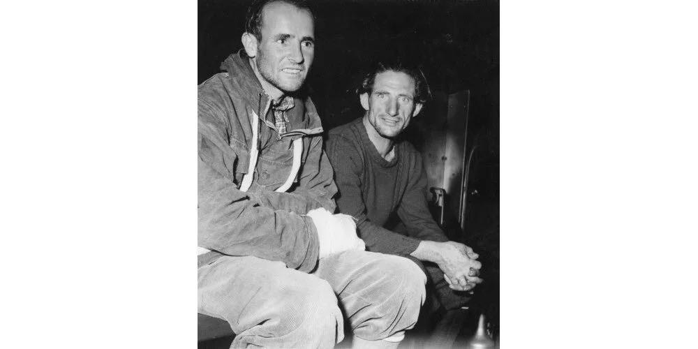 Hermann Köllensperger and Andreas Heckmair  after climbing the Grandes Jorasses in 1951