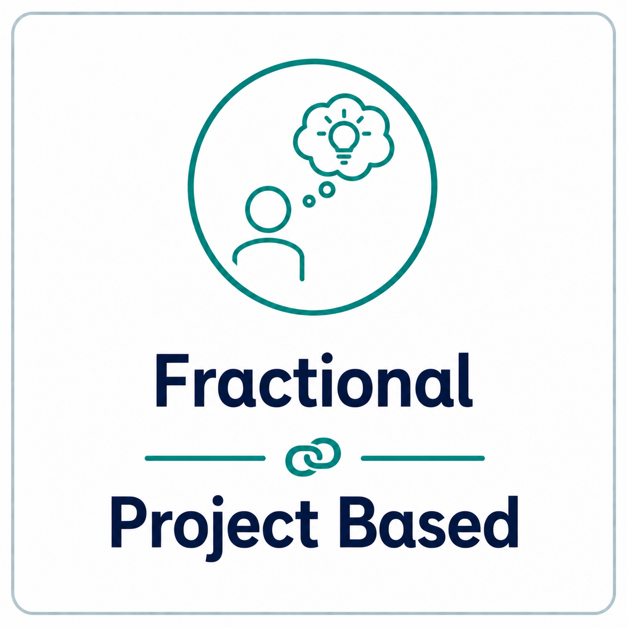 Logo with a person thinking, represented by a simple outline, with a thought bubble that contains a lightbulb. Below, the text reads 'Fractional Project Based' with a small chain link icon between 'Fractional' and 'Project Based'.