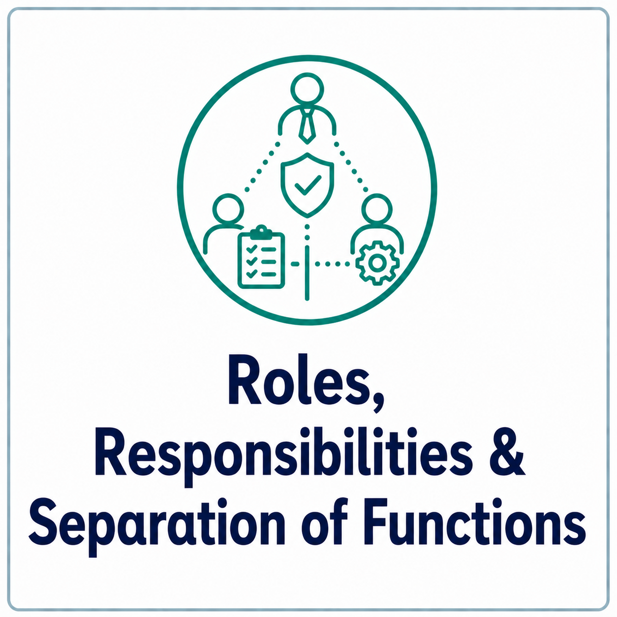 A graphic with three connected figures, a clipboard, a gear, and a shield with a checkmark, representing roles, responsibilities, and functions separation.