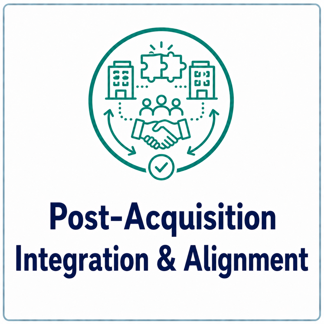 A graphic illustrating post-acquisition integration process with interconnected buildings, people, puzzle pieces, and handshake symbols, surrounding a checkmark icon, with the text "Post-Acquisition Integration & Alignment" below.