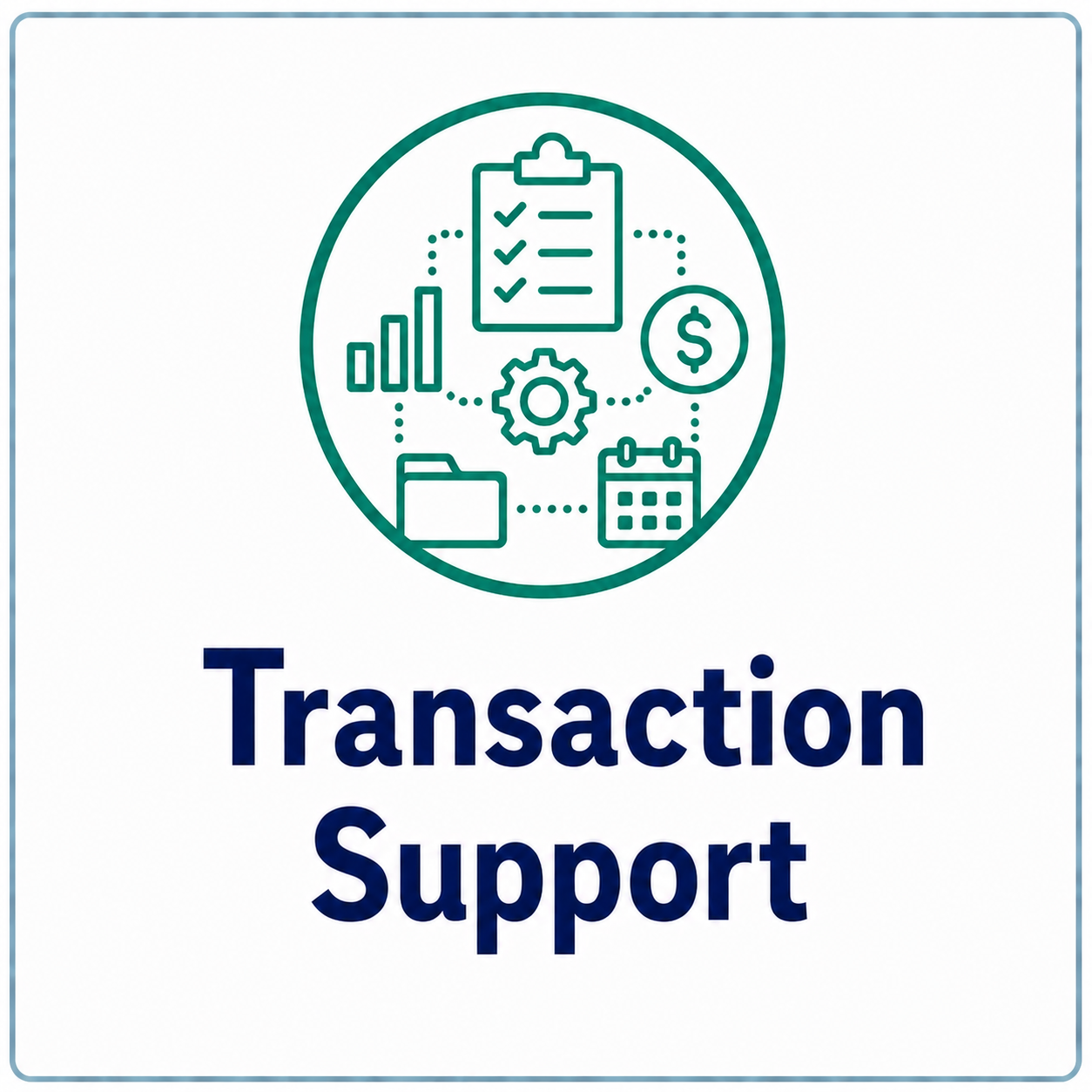 Iconic graphic of various business elements such as a bar chart, checklist, gear, dollar sign, folder, and calendar surrounding the text 'Transaction Support' indicating business transaction or financial support services.