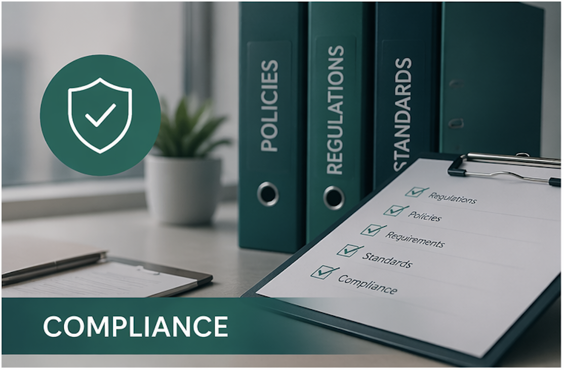 Office desk with green binders labeled Policies, Regulations, Standards, a clipboard with a checklist, and a potted plant in the background. Key words include Policies, Regulations, Requirements, Standards, and Compliance. A shield icon with a checkmark symbolizes security or compliance.