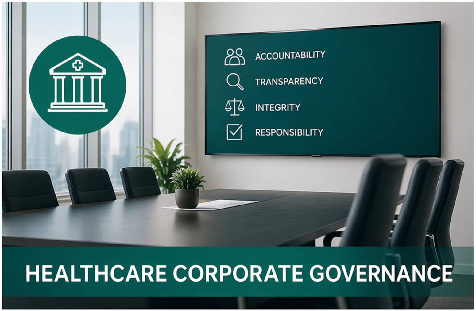 A conference room with a large table, chairs, and a digital screen displaying principles of accountability, transparency, integrity, and responsibility. The room has large windows with a city view, and a healthcare symbol logo is on the window. The text 'Healthcare Corporate Governance' is on a banner at the bottom.