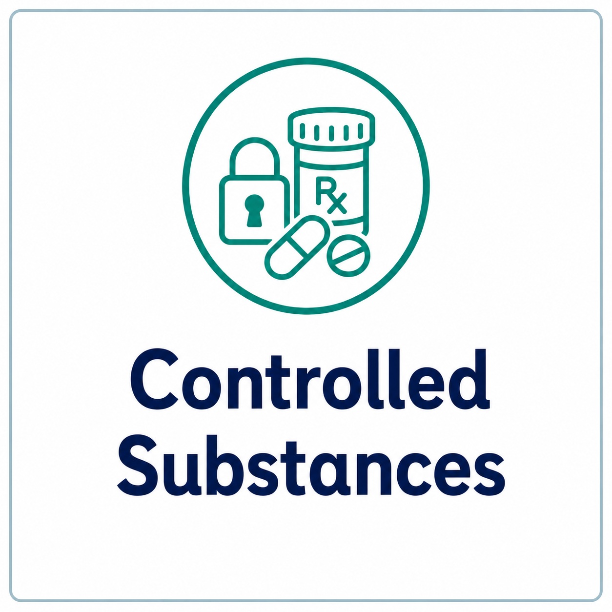 A sticker with a circle containing a padlock, a prescription pill bottle, and pills, with the text 'Controlled Substances'