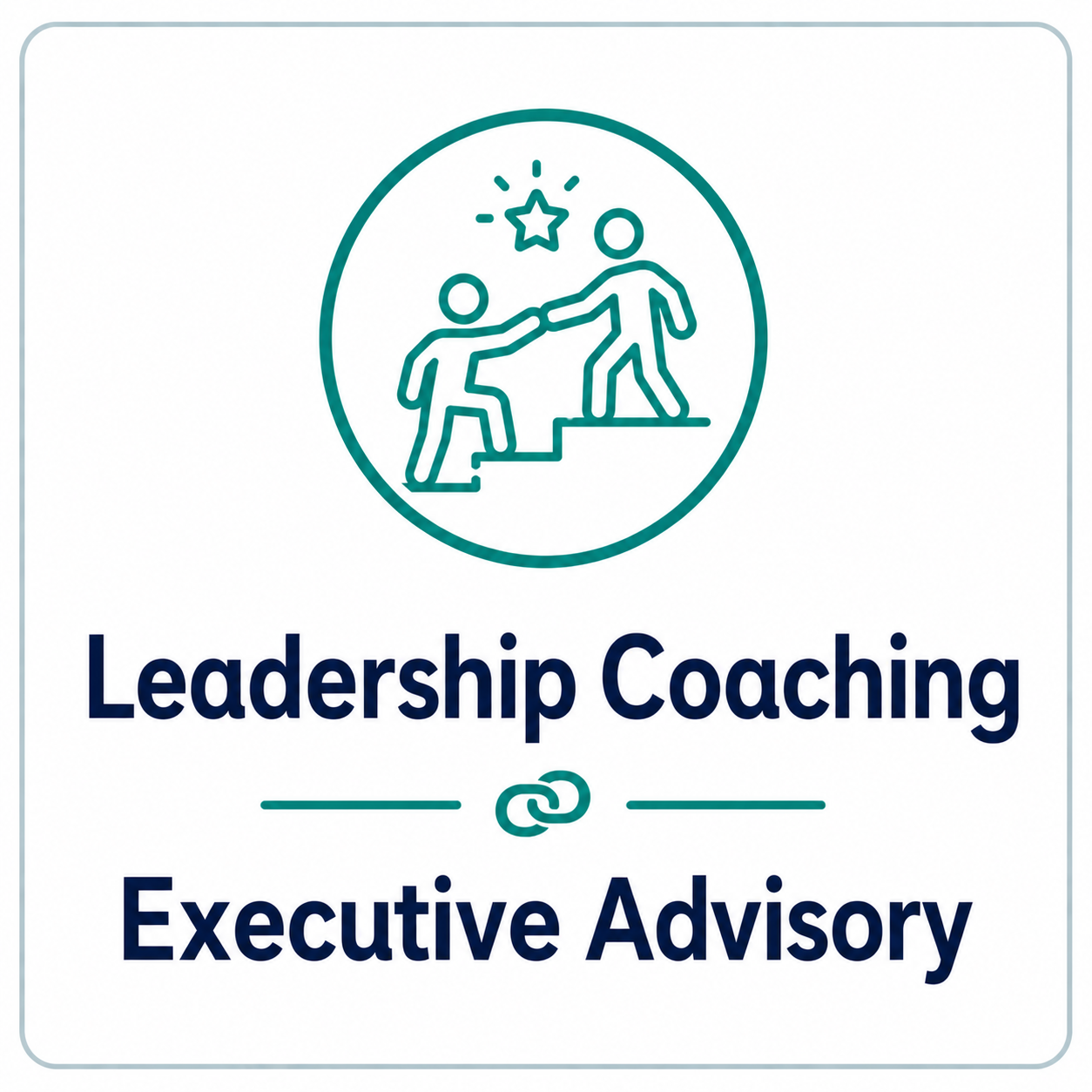 Line drawing of two figures helping each other up stairs with a star above them, symbolizing leadership and teamwork. The text below reads "Leadership Coaching @ Executive Advisory."
