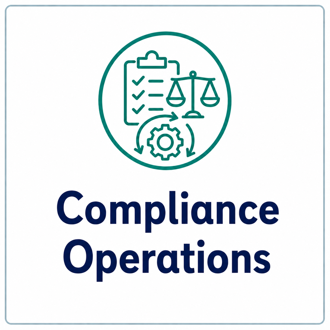Icon of a clipboard with checkmarks, scales of justice, and a gear with arrows indicating process flow, above the text "Compliance Operations".