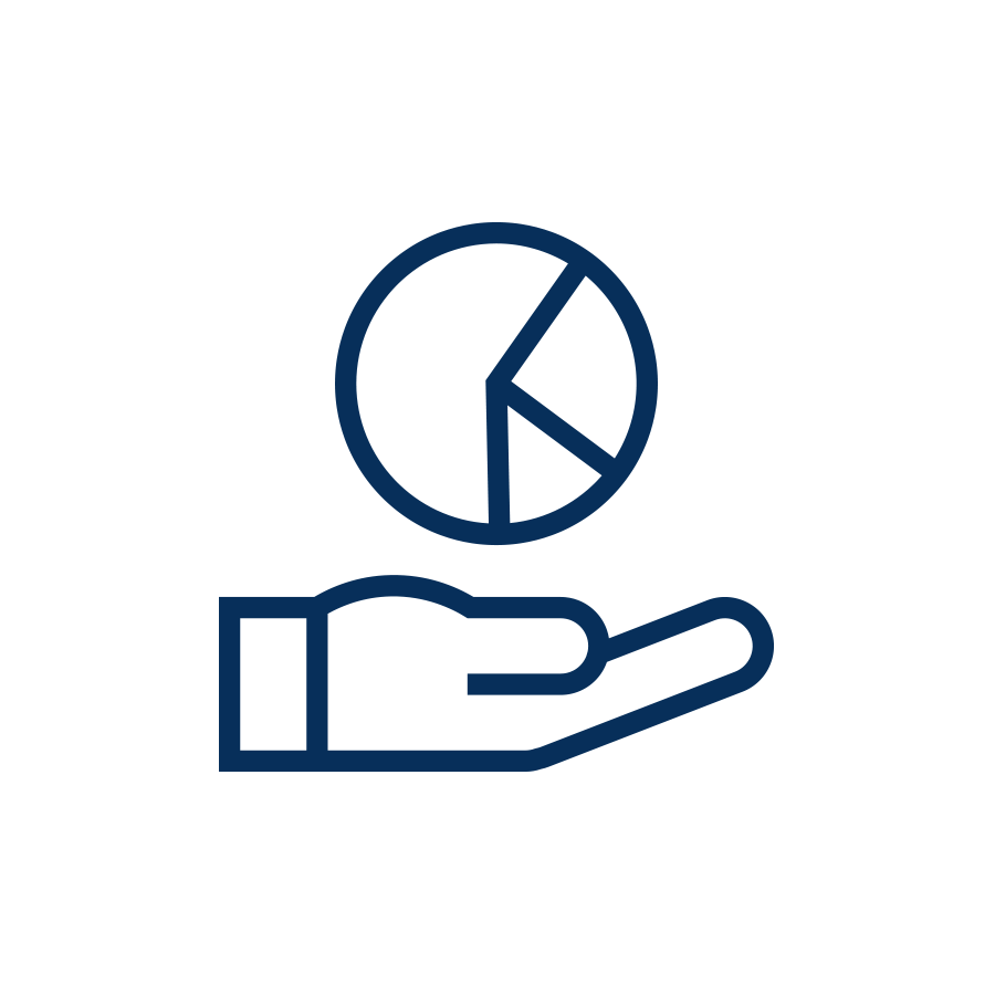 Outline of a hand holding a pie chart.