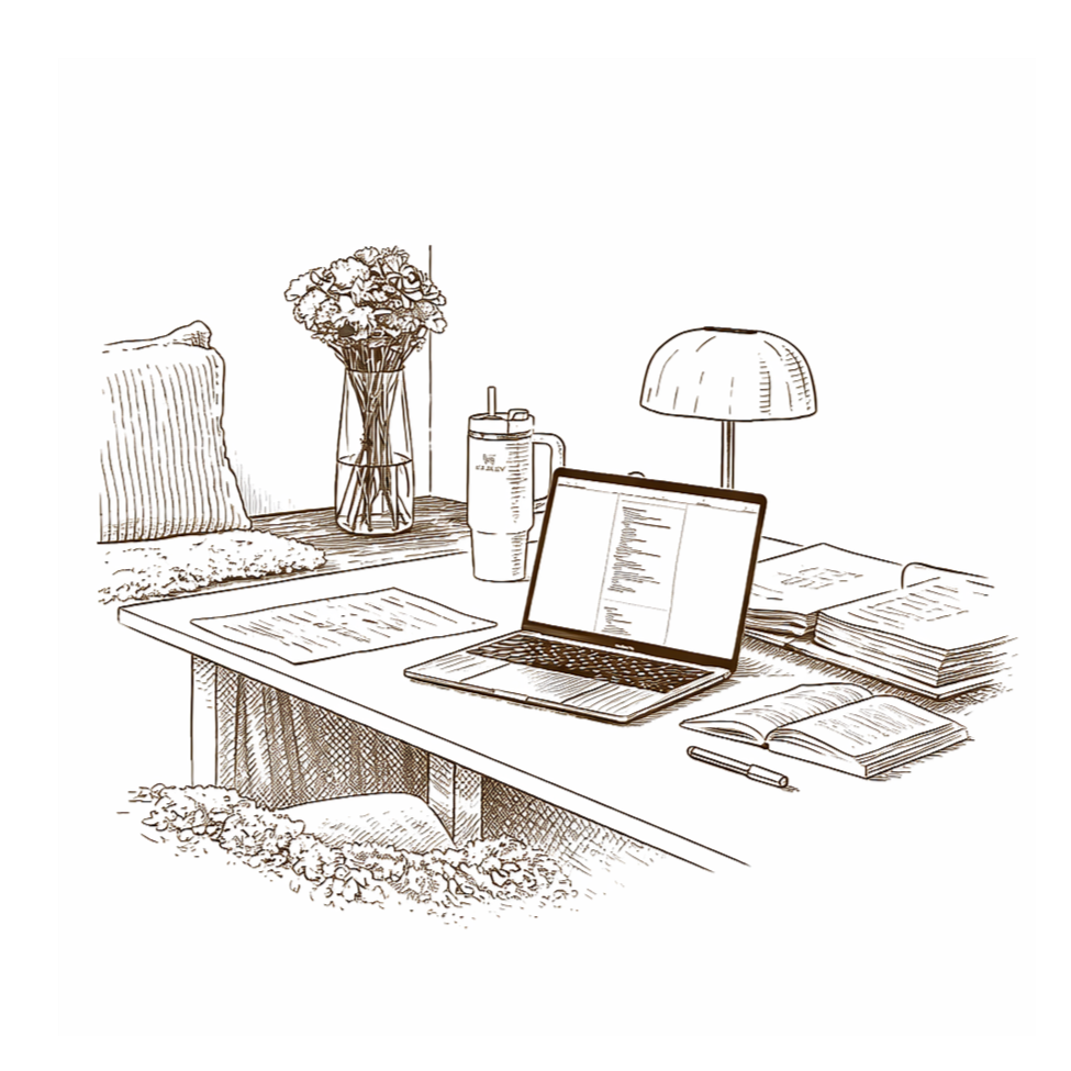 Pencil sketch illustration of a desk with a laptop, open books, and flowers representing a single life coaching session