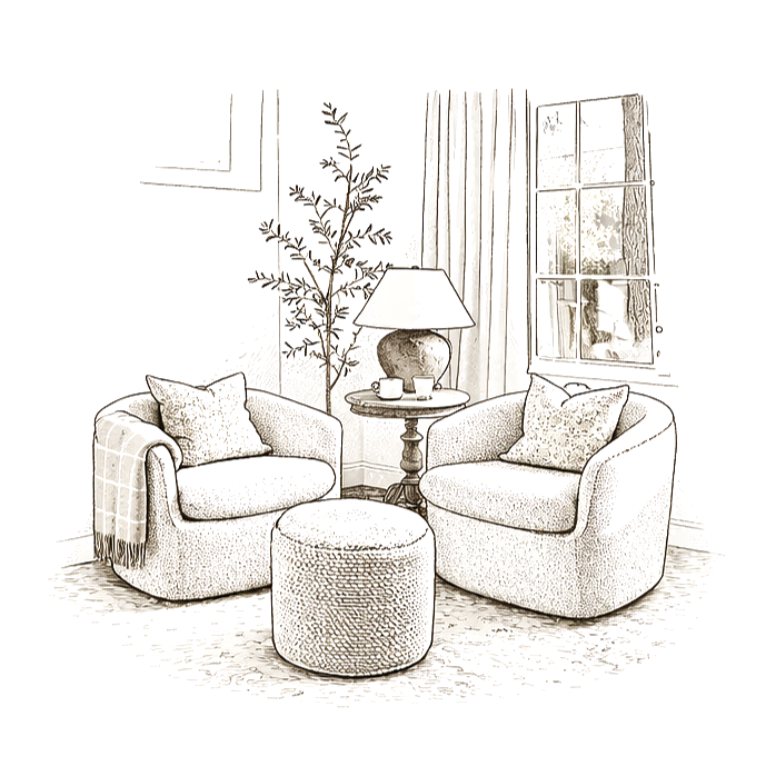 Pencil sketch illustration of two armchairs facing each other in a cozy room representing an ongoing life coaching relationship