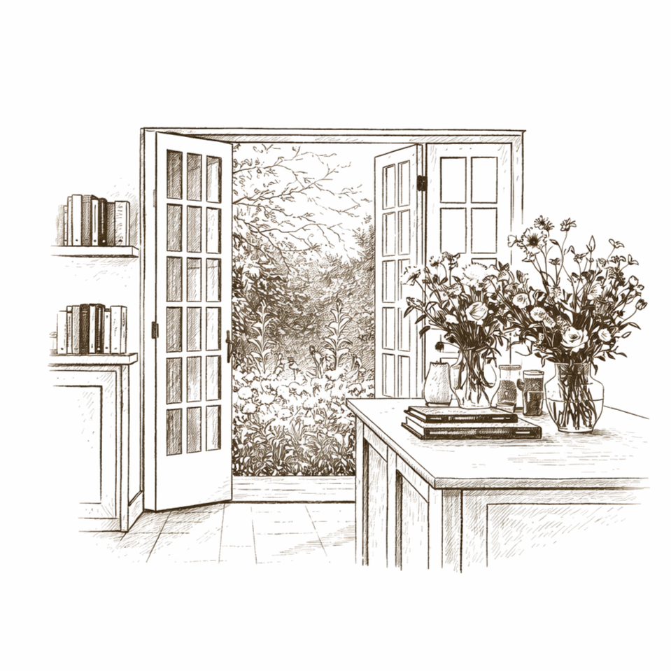 Pencil sketch illustration of open French doors leading to a garden representing growth and new possibilities through life coaching