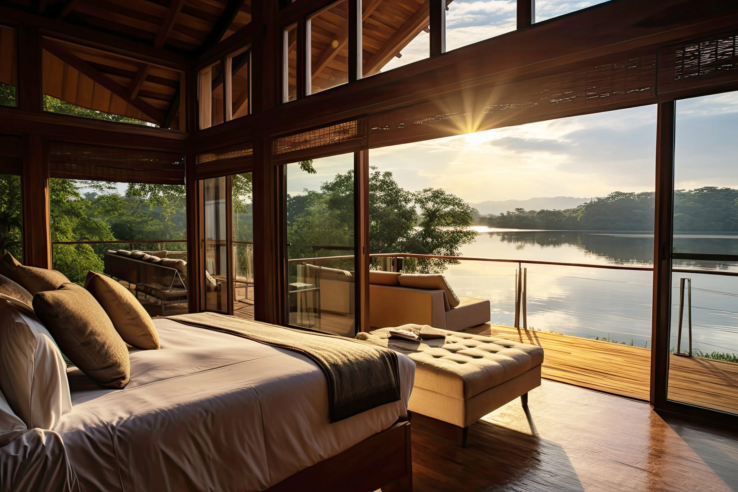 Interior of a modern wooden house overlooking a river, with large glass windows and a cozy bed with pillows, sun shining through the windows.