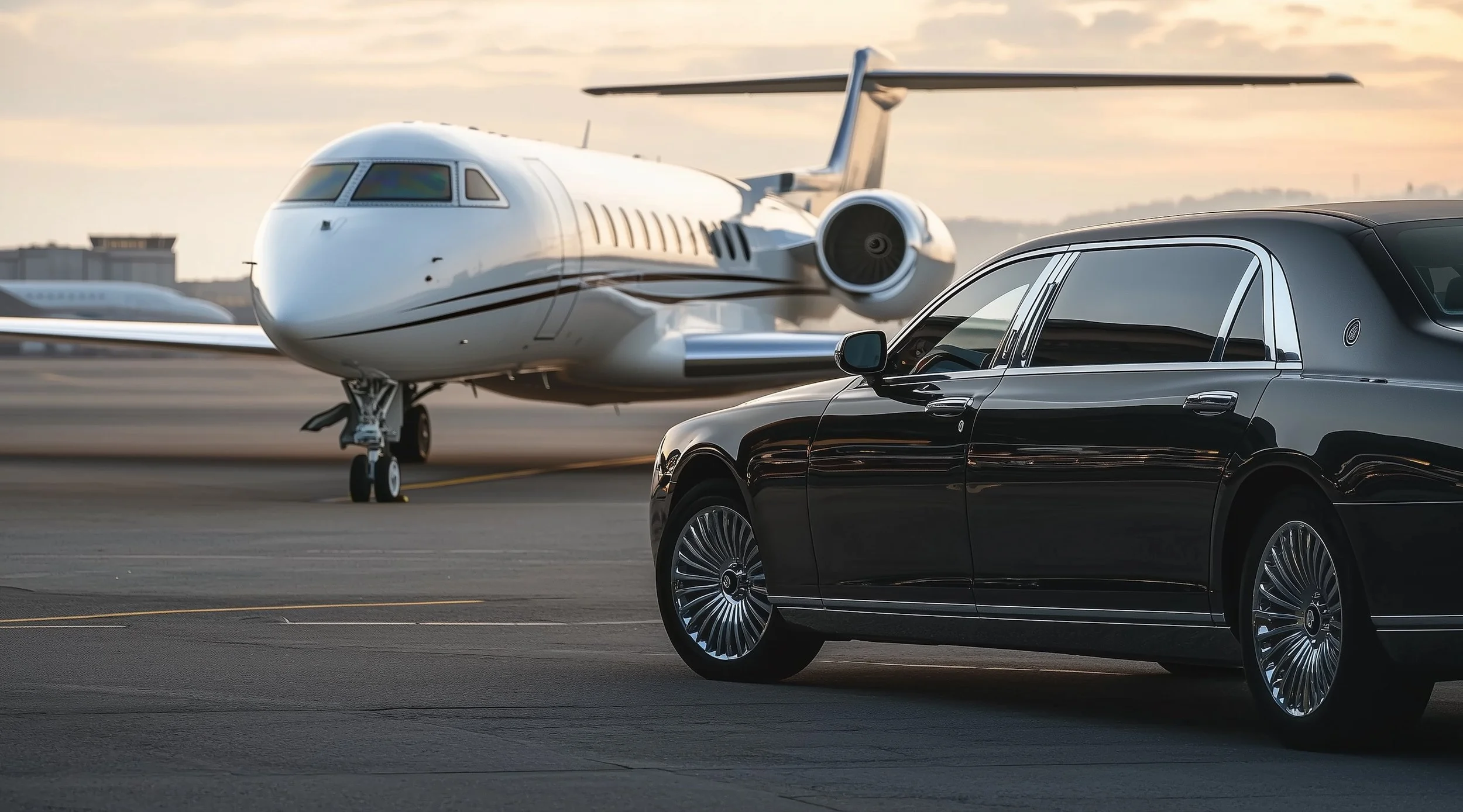 Luxury black car and private jet on tarmac at sunset.