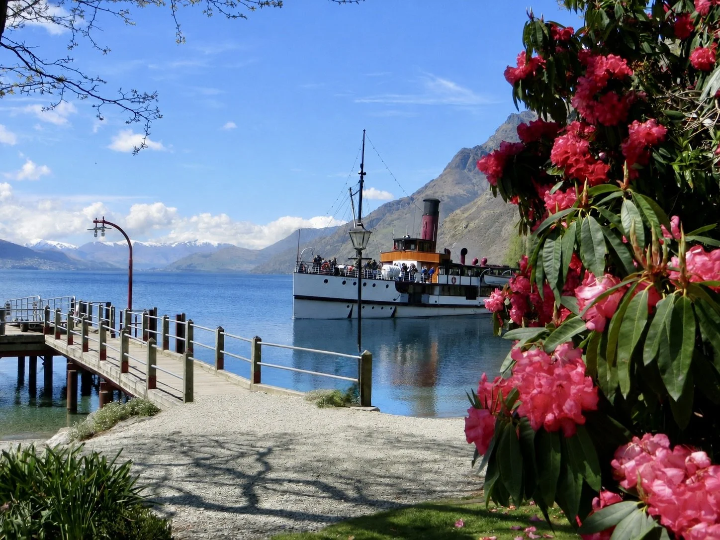 A scenic lake with snow-capped mountains in the background, a wooden pier extending into the water, a vintage paddle steamer boat on the lake, and vibrant pink flowers in the foreground.