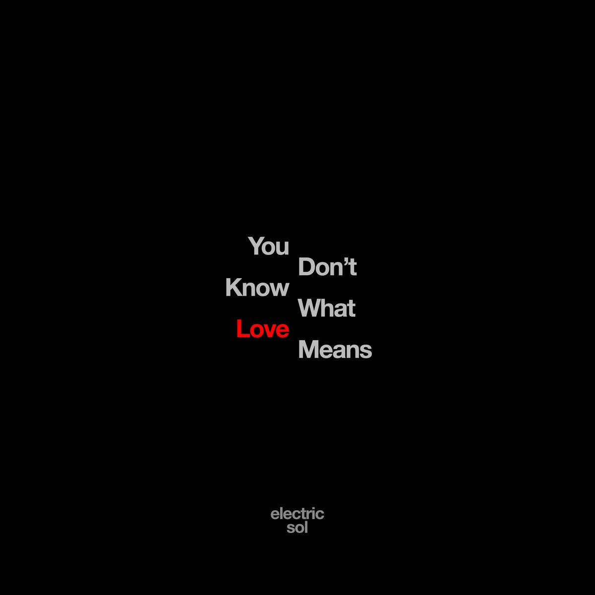 A music artwork featuring text on a black background reading 'You Don’t Know What Love Means' with 'Love' highlighted in red and the artist name 'electric sol' at the bottom. Designed by Charles Xu.