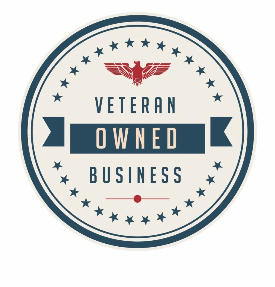 A circular badge with an eagle at the top, the words "Veteran Owned Business" in the center, and a border of stars.