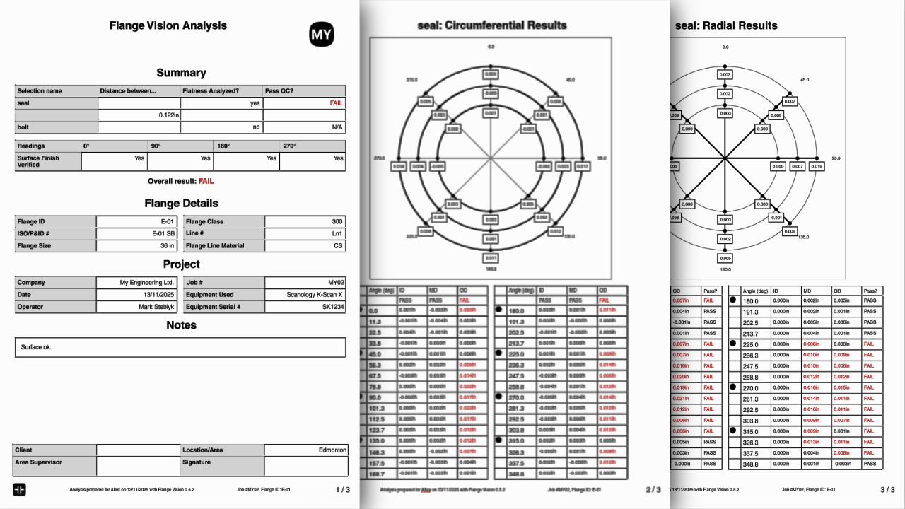 Analysis report with flangevision analysis summary, flange details, and circumferential and radial results charts.
