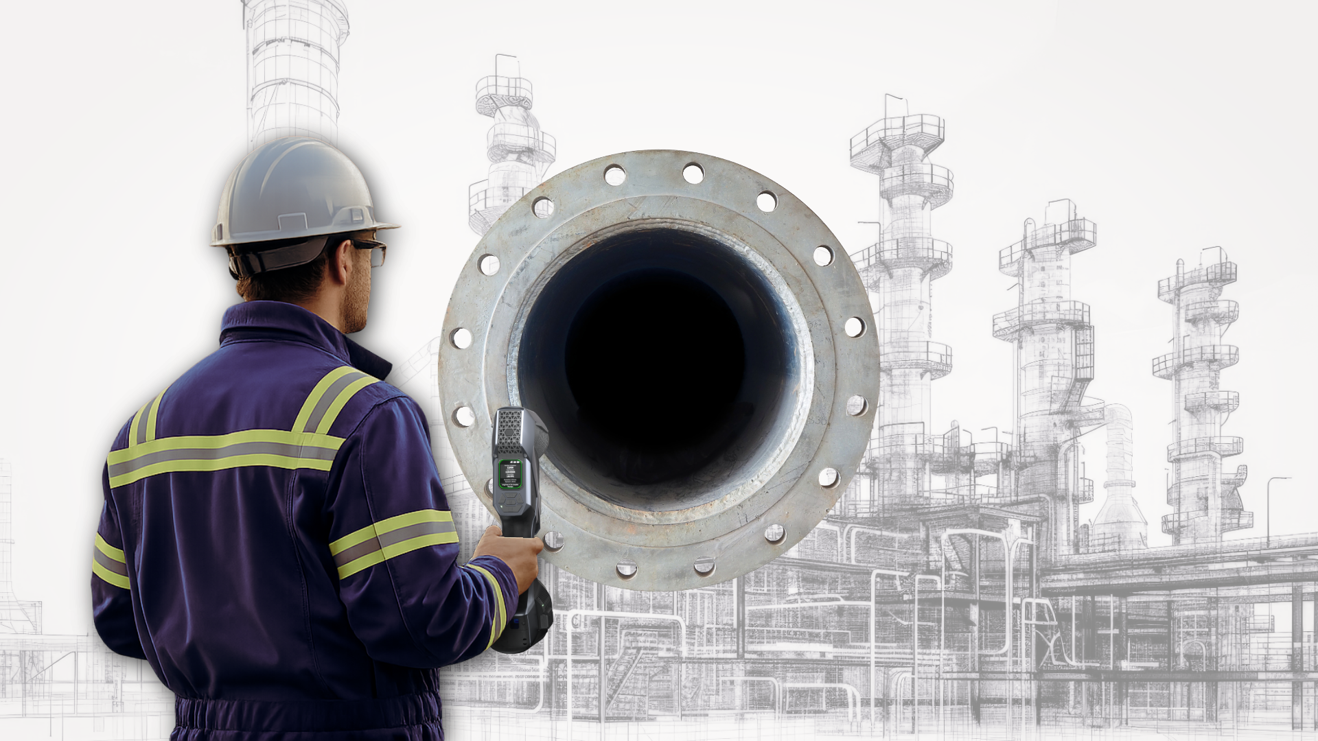 A worker in safety gear holding a measuring device, standing in front of an industrial pipe and a technical drawing of an oil refinery or chemical plant.