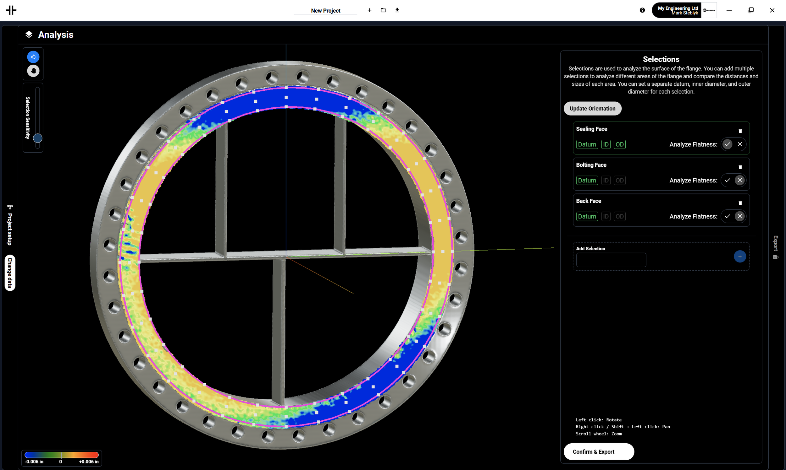 Analysis of a flange with surface mapping indicating flatness and surface variations, displayed in the FlangeVision interface with analysis options.