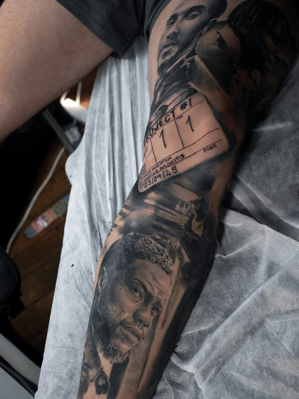 Added a film slate from David&rsquo;s first documentary to his leg yesterday. The @kevinhart4real and @lewishamilton are both healed with some slight touches! I&rsquo;ve been tattooing David for a few years now, and we still have a lot more cool thin