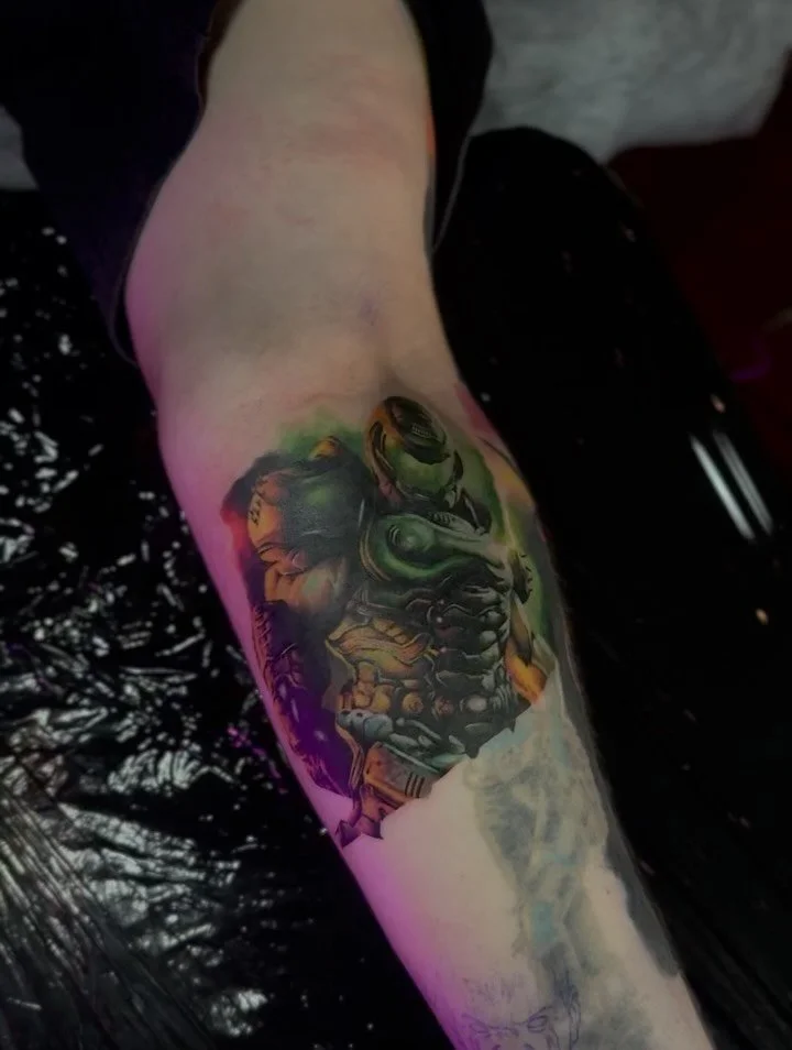I recently started this #doom cover up. I can&rsquo;t wait to get more done on this project as it is part of a big Doom sleeve! What video game would you get tattooed? 

Done using @criticaltattoosupply @mothtattoosupplies @quantum_ink_uk @quantumtat