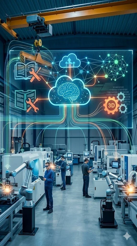A high-tech factory with robotic arms and engineers working on machinery, overlaid with digital graphics representing cloud computing, artificial intelligence, and 3D technology.