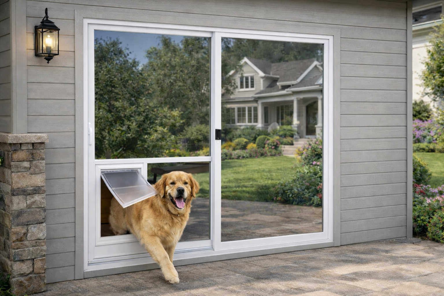 Golden retriever dog walking through a pet door built into a sliding patio door in a residential backyard with a house, trees, and garden in the background.