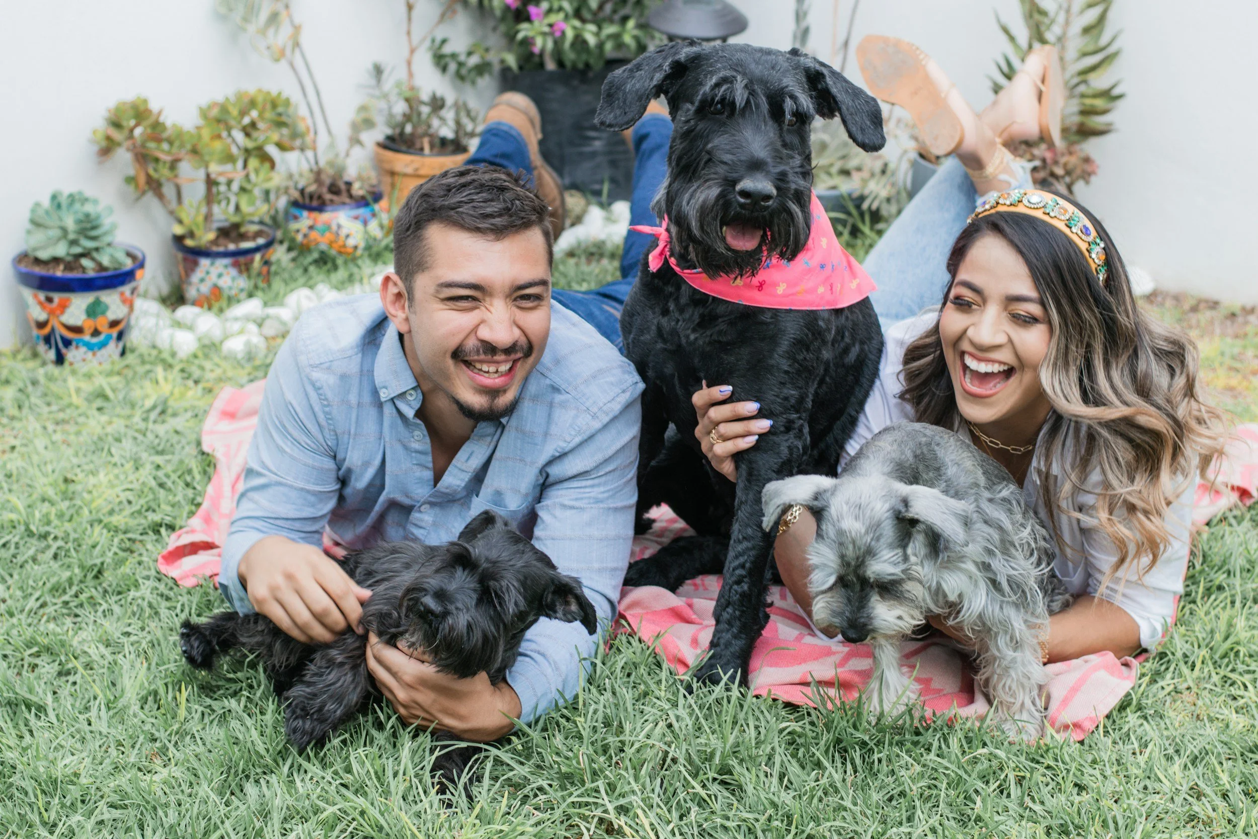 A smiling couple and a woman pose with three dogs on a blanket outdoors, with potted plants in the background.