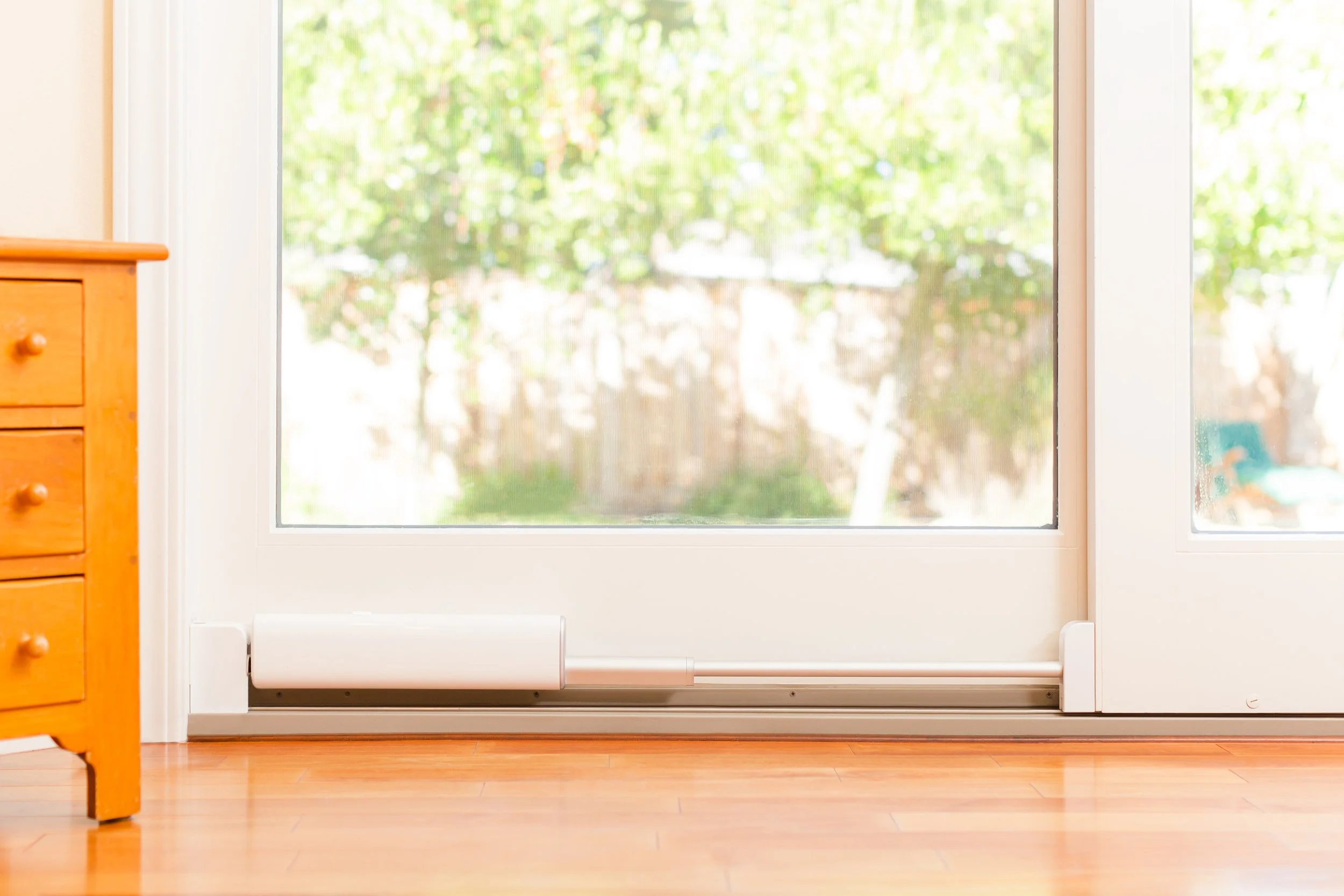A glass sliding door with a smart pet door in the track and white frame leading to a backyard with green trees and a fence.