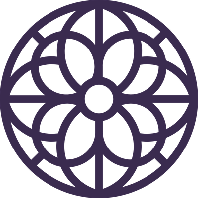 A geometric, circular design with interwoven lines forming floral and star-like shapes in purple.
